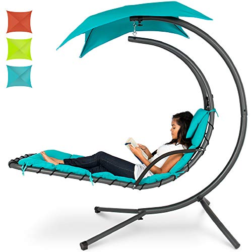 Best Choice Products Hanging Curved Chaise Lounge Chair Swing for Backyard, Patio w/Pillow, Canopy, Stand - Teal