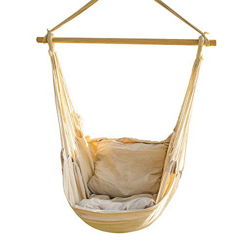 CCTRO Hanging Rope Hammock Chair Swing Seat, Large Brazilian Hammock Net Chair Porch Chair for Yard, Bedroom, Patio, Porch, Indoor, Outdoor - 2 Seat Cushions Included