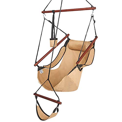 ONCLOUD Upgraded Unique Hammock Hanging Sky Chair, Air Deluxe Swing Seat with Rope Through The Bars Safer Relax with Fuller Pillow and Drink Holder Solid Wood Indoor/Outdoor Patio Yard 250LBS (Tan)