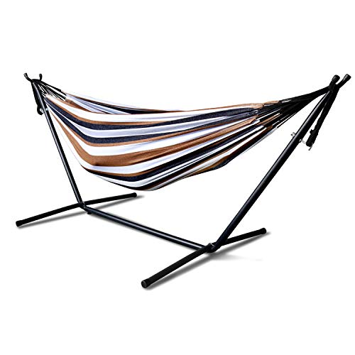 Iron Frame Wide Solid Hammock,MKLEKYY Camping Hammock,Patio Yard Beach Outdoor Double Hammock,with Space Saving Steel Stand,up to 450 pounds,Includes Portable Carrying Case,Desert Stripe (A)