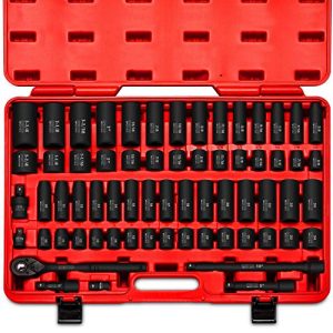 Neiko 02448A 1/2" Drive Master Impact Socket Set, 65Piece Deep & Shallow Socket Assortment | Standard SAE (3/8" To 1-1/4") & Metric (10-24 mm) Sizes | Includes Adapters & Ratchet Handle