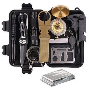 Survival Gear Kits 13 in 1 Outdoor Emergency SOS Survive Tool for Wilderness/Trip/Cars/Hiking/Camping gear - Wire Saw, Emergency Blanket, Flashlight, Tactical Pen, Water Bottle Clip ect,