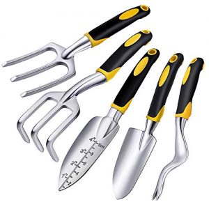 Facmogu 5 Pcs Gardening Tools Set Heavy Duty Cast-Aluminum Heads with Soft Rubberized Non-Slip Handle Including Trowel, Transplanter, Cultivator, Weeder, Weeding Forkl - Garden Gifts