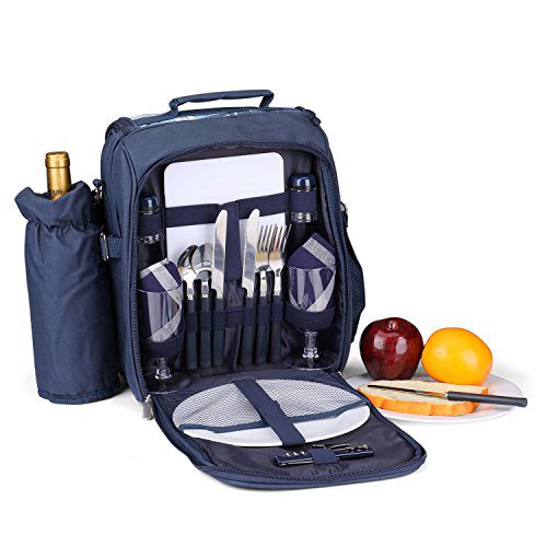 Flexzion Picnic Backpack Kit - Camping Bag Set for 2 Person with Cooler Compartment, Detachable Bottle/Wine Holder, Plates and Flatware Cutlery Insulated Lunch Pack for Family (Plaid Tartan - Blue)