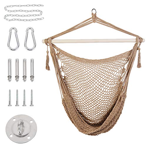 Patio Watcher Hammock Chair Hanging Rope Swing Seat with 2 Cushions and Hardware Kits, Perfect for Indoor, Outdoor, Home, Bedroom, Patio, Yard，Deck, Garden, Brown