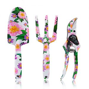 Hortem 3PCS Floral Garden Tools for Women, Heavy Duty Aluminum Gardening Tool Set with Beautiful Printing and Ergonomic Design Handles, Best Gardening Gifts for Mom and Lady