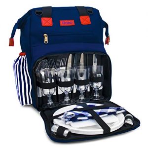 Rolio Picnic Backpack for 4 Person, Insulated Cooler Compartment, 2 Bottle Holders, Complete Stainless Steel Cutlery Set, 9" Plastic Plates, Cutting Board, Waterproof Blanket