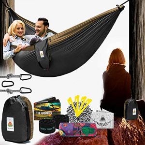Lazy Monk Camping Hammock | Portable Outdoor Folding Hamock for Travel & Backpacking | Double Two People 2 Person Hammock with Tree Straps | Hamaca para dos - Best Accessories Kit + Bandana