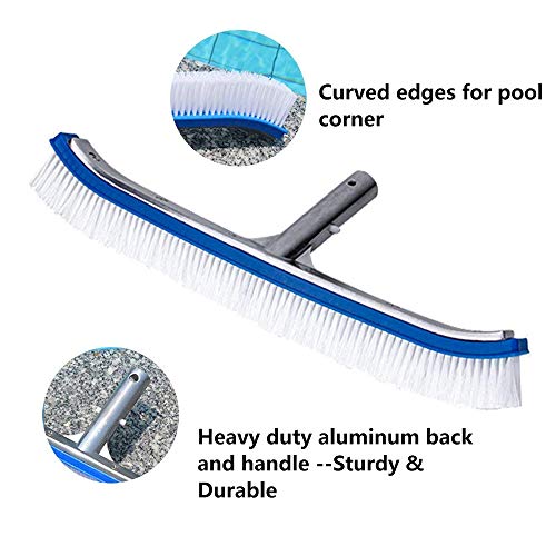 Lalapool Swimming Pool Wall & Tile Brush,18" Polished Aluminum Back Cleaning Brush Head Designed for Cleans Walls, Tiles & Floors, Nylon Bristles Pool Brush Head with EZ Clips (Pole not Included)