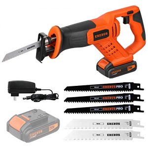 Reciprocating Saws, EREBUS 20V Cordless Li-ion Reciprocating Saw with Fast Charger, Tool-free Blade Change and Variable Speed, 3pcs 6-inch Wood Saw Blade & 2pcs 6-inch Metal Saw Blade
