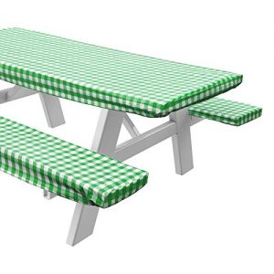 Sorfey Vinyl Picnic Table and Bench Fitted Tablecloth Cover, Checkered Design, Flannel Backed Lining, 28 x 72 Inch, 3-Piece Set, Green