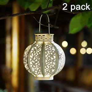 MAGGIFT 2 Pack Hanging Solar Lights Outdoor Solar Lights Retro Hanging Solar Lantern with Handle, 6 Lumens, White