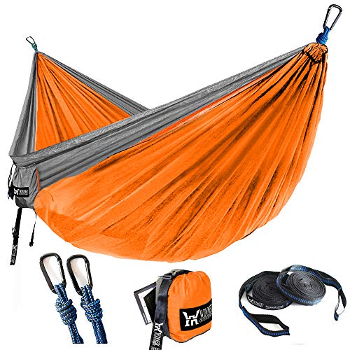 WINNER OUTFITTERS Double Camping Hammock - Lightweight Nylon Portable Hammock, Best Parachute Double Hammock for Backpacking, Camping, Travel, Beach, Yard. 118"(L) x 78"(W) Grey/Orange