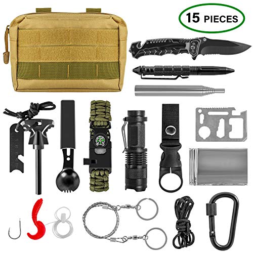 ACVCY Survival Gear Kit, 14 in 1 Emergency Survival Kit Professional Emergency Camping Gear Tactical Survival Kit for Camping Hiking Hunting with Wire Saw Emergency Blanket etc