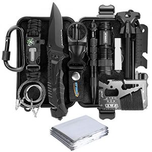 XUANLAN Emergency Survival Kit 13 in 1, Outdoor Survival Gear Tool with Survival Bracelet, Fire Starter, Whistle, Wood Cutter, Water Bottle Clip, Tactical Pen (Survival Kit 1)