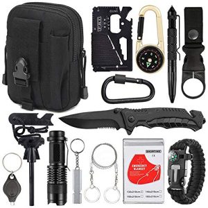 XUANLAN Emergency Survival Kit 15 in 1, Outdoor Survival Gear Tool with Survival Bracelet, Fire Starter, Whistle, Wood Cutter, Water Bottle Clip, Tactical Pen