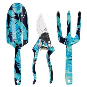 Eslibai Garden Tools Set, 3 Piece Floral Aluminum Heavy Duty Gardening Tools with Ergonomic Design Handles with Hanging Hole -Trowel, Cultivator, Pruning Shear,Durable and Delicate Garden Gift (Blue)
