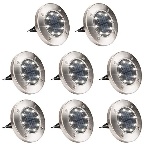 GIGALUMI 8 Pack Solar Ground Lights, 8 LED Solar Powered Disk Lights Outdoor Waterproof Garden Landscape Lighting for Yard Deck Lawn Patio Pathway Walkway (White)