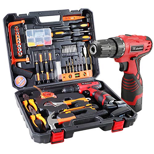 Dedeo Cordless Hammer Drill Tool Kit, 60Pcs Household Power Tools Drill Set with 16.8V Lithium Driver Claw Hammer Wrenches Pliers DIY Accessories Tool Kit