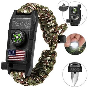 PSK Paracord Bracelet 8-in-1 Personal Survival Kit Urban & Outdoors Survival Knife, Fire Starter, Glass Breaker, Survival Whistle, Signal Mirror, Fishing Hook & String, Compass (Green Camo USA Flag)