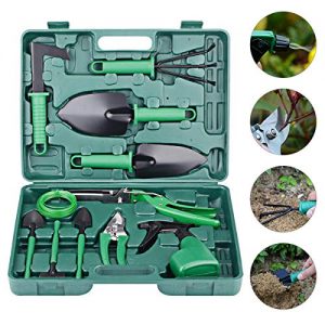 Wodesid 10 Piece Garden Tool Set with Carrying Case for Women/Men/Kids,Durable Kit with Stainless Steel Heavy Duty Gardening Hand Tools - Ergonomic Handle Shovels Gardening Gifts (Green)