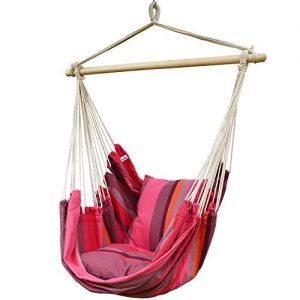Prime Garden Comfort Cotton Hanging Hammock Chair, Rope Swing Chair with 2 Cushions for Indoor or Outdoor - Max. 275 Lbs (Pink Stripe)