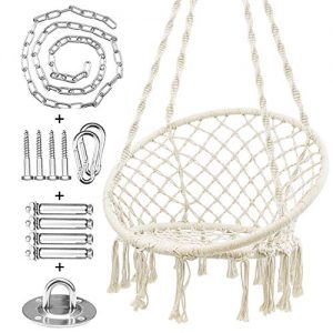 WBHome Hammock Chair Macrame Swing with Hanging Hardware Kit, Handmade Knitted Cotton Rope Hanging Chair, for Indoor Outdoor, Max Weight 265 Lbs