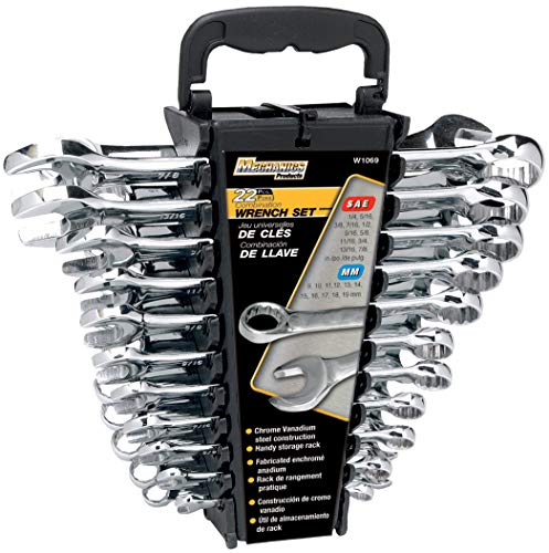 Performance Tool W1099 22-Piece SAE and Metric Wrench Set | Premium Mirror Polished Chrome Vanadium Steel| Large Size Organizer Rack | 5/16 – 7/8” & 9-19mm Combination Wrenches
