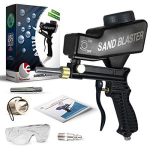 Sand Blaster, Sand Blaster Gun Kit, Sandblaster with 2 Replaceable Tips & ¼” Quick Connect, Safety Goggles, Filter, Media Guide. Works with All Blasting Abrasives – Professional Series (AS118-BL)