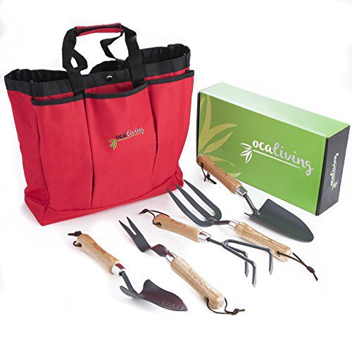 OCALIVING Gorgeous, 6-Piece Garden Hand Tool Set inc. Cherry Red, Weather-Resistant Storage Bag - Gardening and Planting Essentials - Sharp, Steel Planter Accessories with Ergonomic Ash Wood Handles