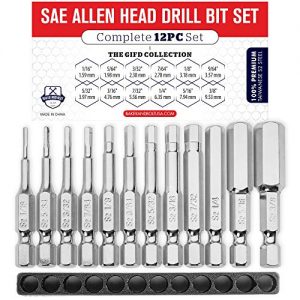 Allen Wrench Drill Bit Set (PREMIUM 12pc COMPLETE SAE SET) /w Storage Case and Bit Holder - Hex Shank Magnetic Bit Set - THE GIFD COLLECTION - Fortified S2 Steel - Long 2in Heads for Drills