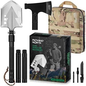 PATHWAY NORTH Camping Axe and Survival Shovel – Stainless Steel Multi-Tool Folding Shovel and Survival Hatchet – Equipment for Outdoor, Hiking, Hunting, Emergency, Backpacking