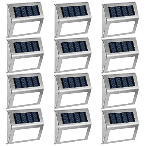 GIGALUMI 12 Pack Solar Deck Lights,3 LED Solar Stair Lights,Outdoor LED Step Lighting Stainless Steel Waterproof Led Solar Lights for Step/Stairs/Pathway/Walkway/Garden-(Cold White)