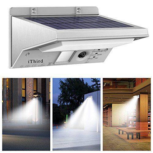 Solar Lights Outdoor Motion Sensor, iThird LED Solar Powered Security Lights Stainless Steel for Yard Patio Garage Waterproof 3 Modes Super Bright(Daylight)