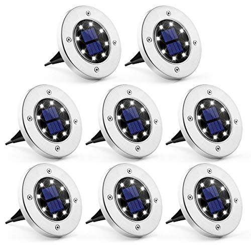 PAMAPIC Solar Ground Lights 8 Pack, 8 LED Solar Powered Disk Lights Outdoor Waterproof Garden Landscape Lighting for Yard Deck Lawn Patio Pathway Walkway (White)