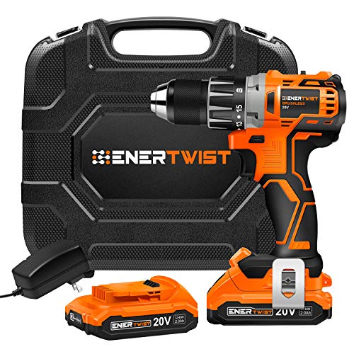 ENERTWIST Cordless Drill, 20V Max Brushless Power Drill w/2 Lithium-Ion Battery Packs and Charger, 442 In-lb Torque, 1/2'' Keyless Chuck, Variable Speed, 16 Position, Built-in LED, Carrying Box