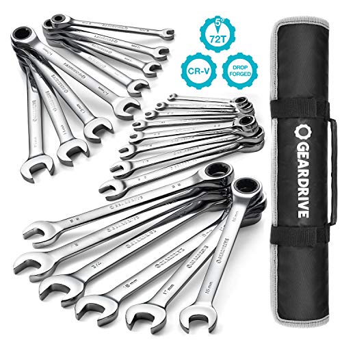GEARDRIVE Ratcheting Combination Wrench Set, SAE & Metric, 22-piece, 1/4″ to 3/4″ & 6-18mm, Chrome Vanadium Steel, with Carrying Bag