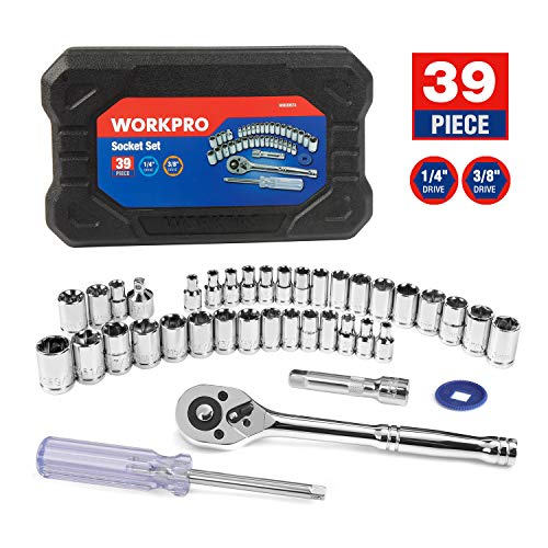 WORKPRO Socket Set, 1/4 Inch & 3/8 Inch Drive Sockets, 3/8-Inch Reversible Ratchet, Metric and SAE, 39-Piece
