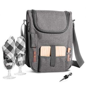Insulated Travel Wine Tote Bag: Portable 2 Bottle Wine and Cheese Waterproof Black Canvas Carrier Bag Set with Picnic Backpack Kit (Heather Grey)