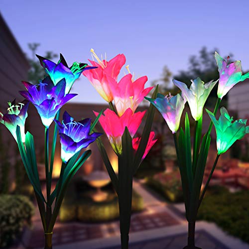 Wohome Outdoor Solar Garden Stake Lights,3 Pack Solar Powered Lights with 12 Lily Flower, Multi-Color Changing LED Solar Landscape Lighting Light for Garden, Patio