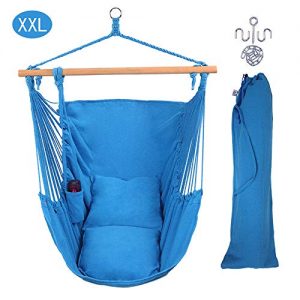 ONCLOUD XXL Large Hanging Rope Hammock Chair Porch Swing with 2 Pillows, Hanging Hardware and Drink Holder, Perfect for Indoor/Outdoor Home Bedroom Patio Deck Yard Garden (Sky Blue)