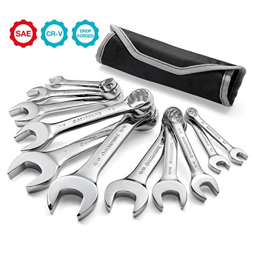 GEARDRIVE Stubby Combination Wrench Set, SAE, 11-piece, 3/8'' to 1'', 12-Point, Chrome Vanadium Steel Construction with Pouch
