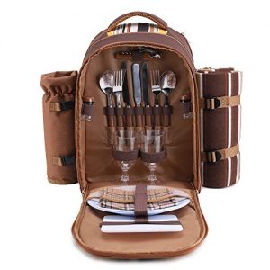 apollo walker Picnic Backpack Bag for 2 Person with Cooler Compartment, Detachable Bottle/Wine Holder, Fleece Blanket, Plates and Cutlery(2 Person, Brown)