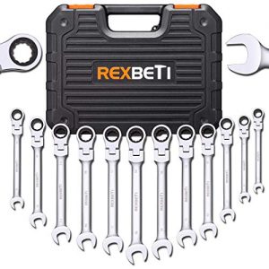 REXBETI 12-Piece Metric Flex-Head Ratcheting Wrench Set, 8-19MM, Chrome Vanadium Steel Combination Wrench Set With Durable Blow Mold Case