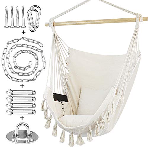 WBHome Hammock Chair Swing with Hanging Hardware Kit- Beige, Cotton Canvas, Include Carry Bag & Two Seat Cushions, for Indoor Outdoor, Max. Weight 330 Lbs
