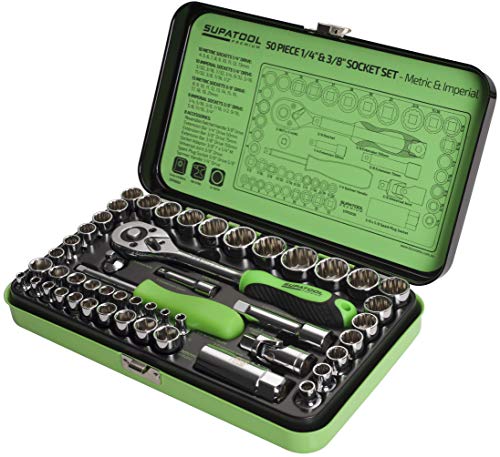 Supatool Premium Reversible Ratchet Wrench & Metric/SAE Hex Socket Set, 50 Piece, 1/4" & 3/8" Drive With Case