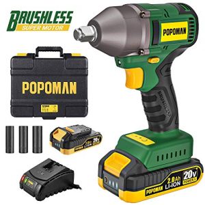 Impact Wrench, Brushless 20V MAX Cordless, High Torque 260 ft-lbs (350N.m) with 3 Speed Transmission, 1/2" Hog Ring Anvil, 2.0Ah Li-ion Battery, 60 Min Fast Charger, Tool Box - POPOMAN BHD850B