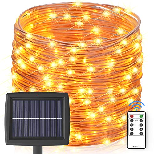 Asmader Solar String Lights Outdoor, 60 ft 200 LEDs Fairy Lights Powered by Solar and Battery, IP67 Waterproof 8 Modes RF Remote Rope Lights with 3.7V/1500mA Solar Lights for Patio Decor(Warm White)