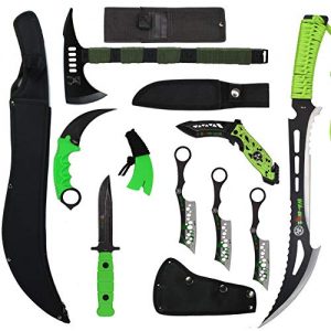 Blade Factory 9pc Zombie Green & Black Set | Machete | Fixed Blade Knife | Karambit Hawkbill Knife | Hatchet Axe | Spring Assisted Pocket Knife | 3pc Throwing Knife Set | Holt Multi Tool Keychain
