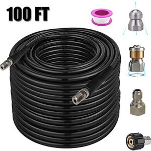 Buyplus Sewer Jetter Kit Pressure Washer - 100 Ft 1/4 Inch NPT, Tube Cleaning Hose, Button Nose and Rotating Sewer Jetting Nozzle, Orifice 4.0, 4.5, 4400 PSI